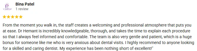 Dentist Upland CA Testimonial Bina P A 5-star google review of Upland Dental Clinic praising the welcoming and professional atmosphere
