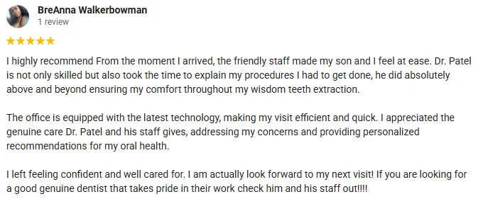 Dentist Upland CA Testimonial BreAnna W A 5-star google review of Upland Dental Clinic highly recommending the office.