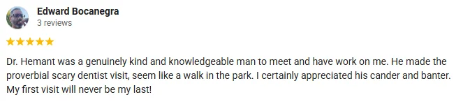 Dentist Upland CA Testimonial Edward Bocanegra A 5-star google review for Upland Dental Clinic describing the doctor as a kind and knowledgeable professional